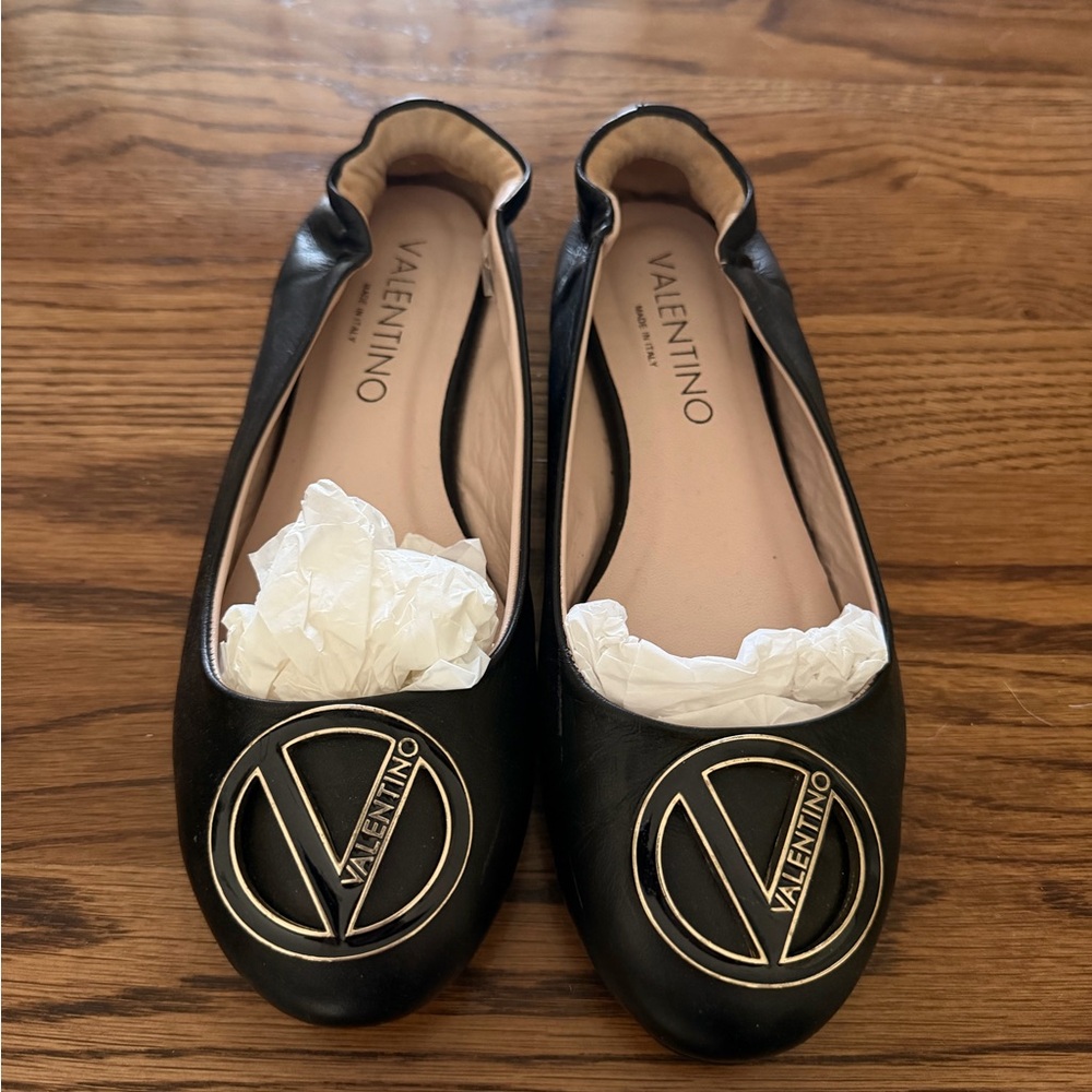 Valentino Black Leather Ballet Flats with Gold Logo